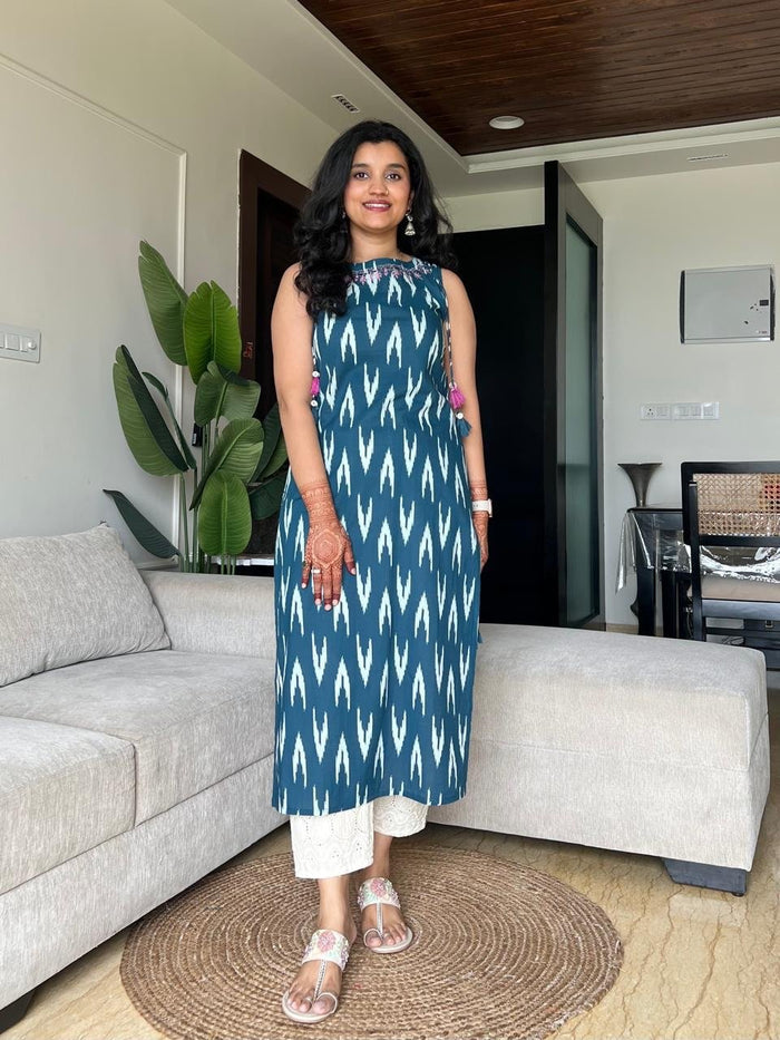 Roshni Sleeveless Cotton Tassel Kurta- Ikkat Blue