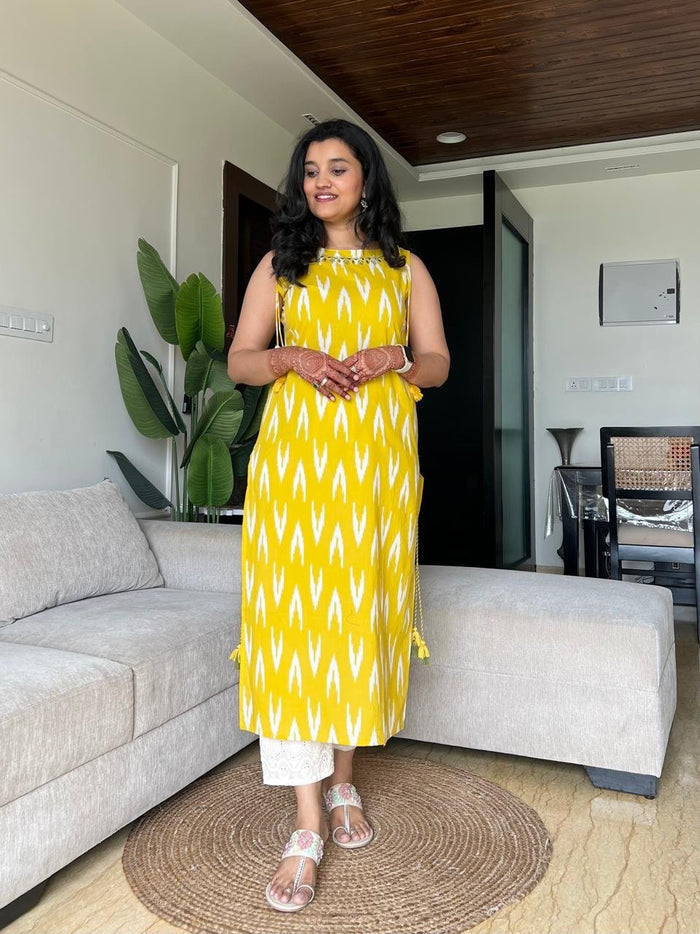 Roshni Sleeveless Cotton Tassel Kurta- Ikkat Yellow