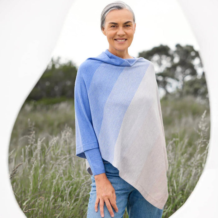 Royal Merino - 100% Merino Graduated Stripe Poncho (RM2341) Chambray