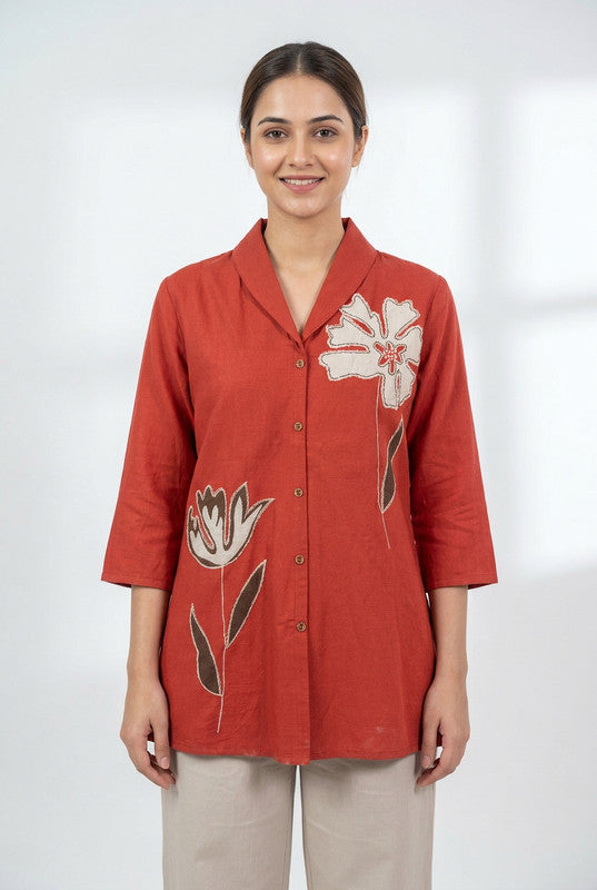 Rust Flower Embroidered Cotton Collar Neck Button-Down Casual Top