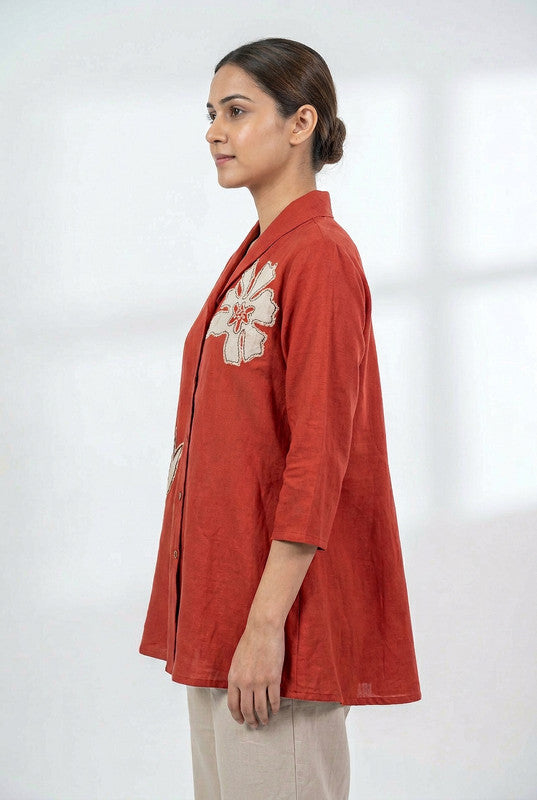 Rust Flower Embroidered Cotton Collar Neck Button-Down Casual Top