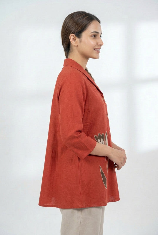 Rust Flower Embroidered Cotton Collar Neck Button-Down Casual Top