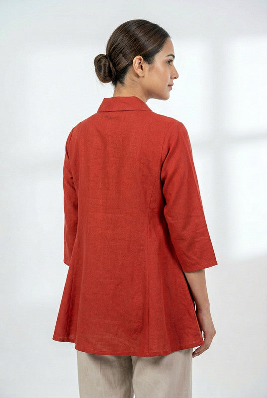 Rust Flower Embroidered Cotton Collar Neck Button-Down Casual Top