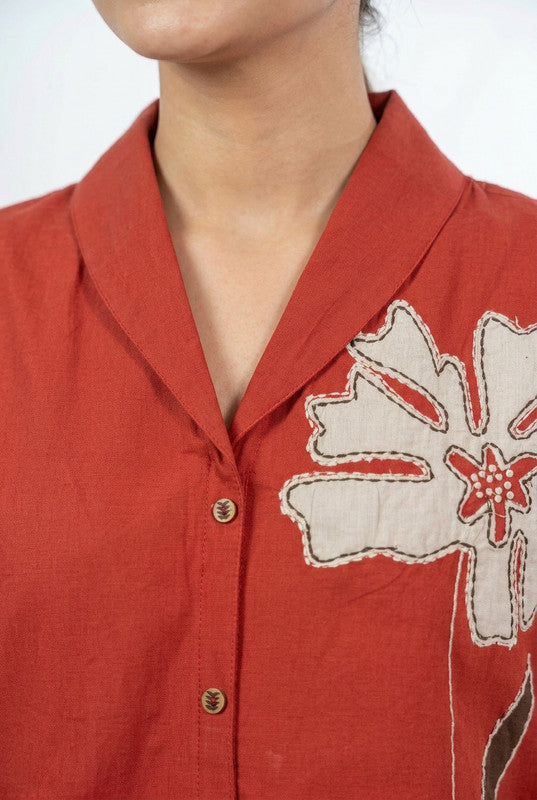 Rust Flower Embroidered Cotton Collar Neck Button-Down Casual Top