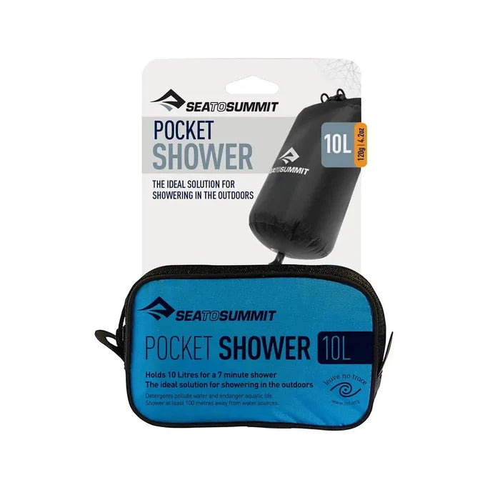 Sea To Summit Collapsible Pocket Shower carry sack and packaging on a white background