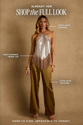 Already Her look labeled Haze chainmail fringe top, Olina satin trousers, Piedra drop earrings.