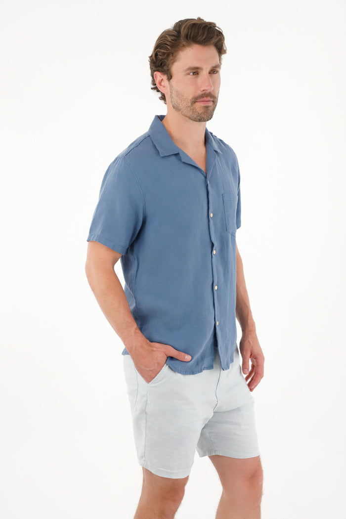 Short Sleeve 100% Linen Blue Shirt for Men
