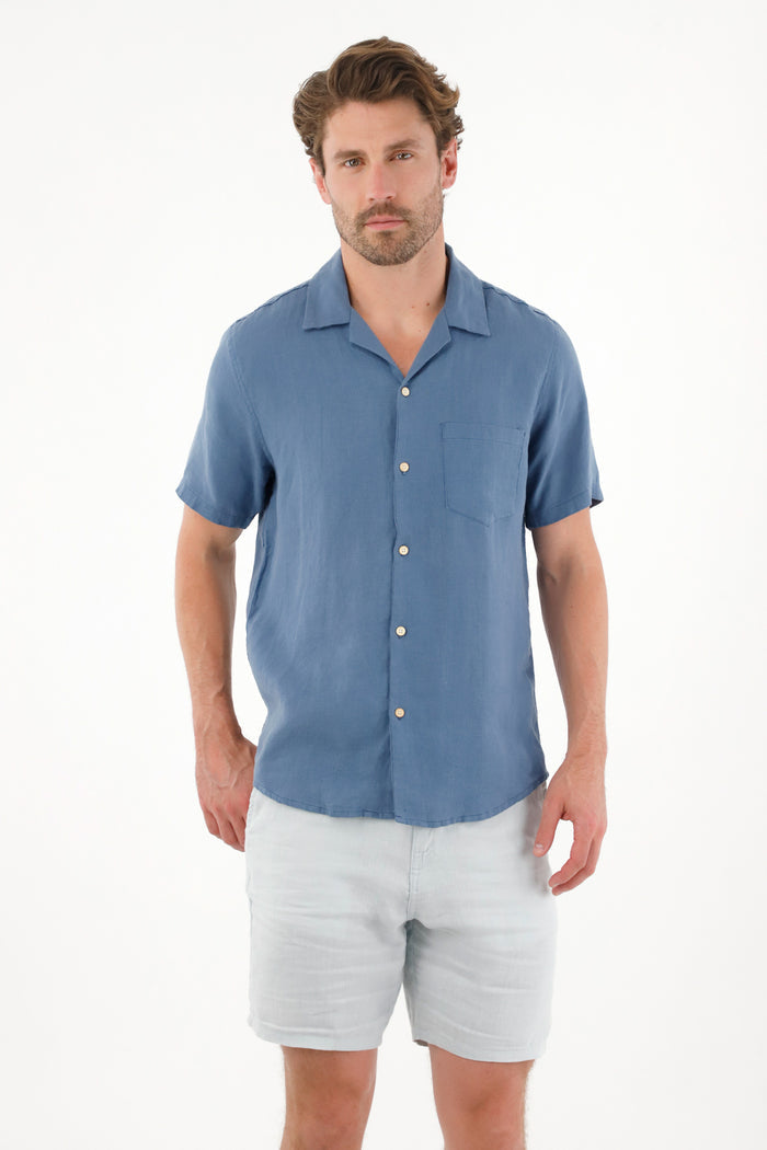 Short Sleeve 100% Linen Blue Shirt for Men