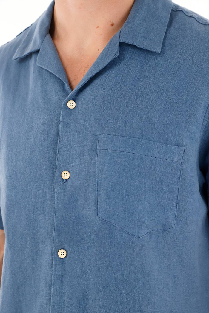 Short Sleeve 100% Linen Blue Shirt for Men