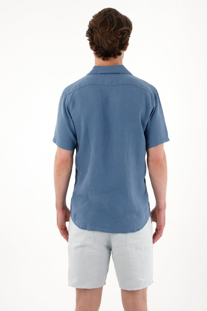 Short Sleeve 100% Linen Blue Shirt for Men