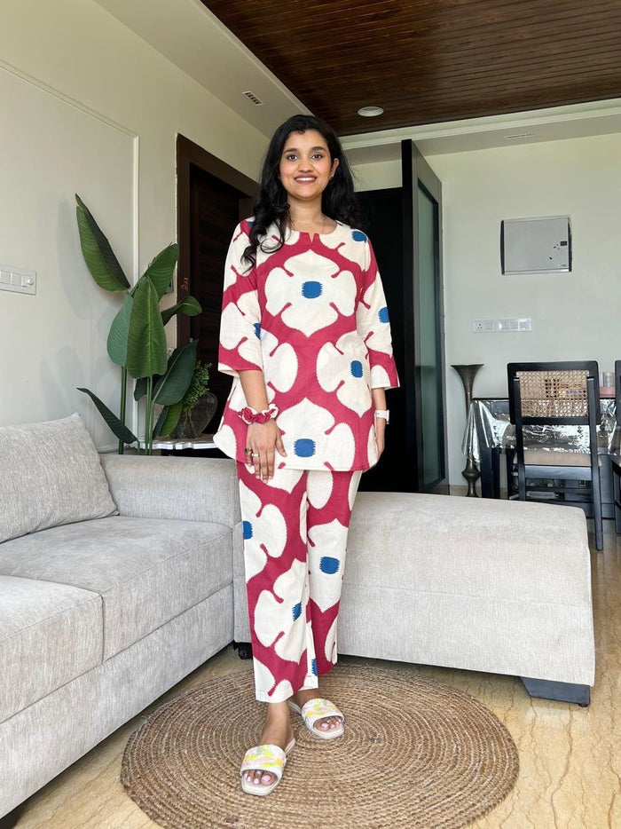 Sia Cotton Lounge Set-  Red Big Floral