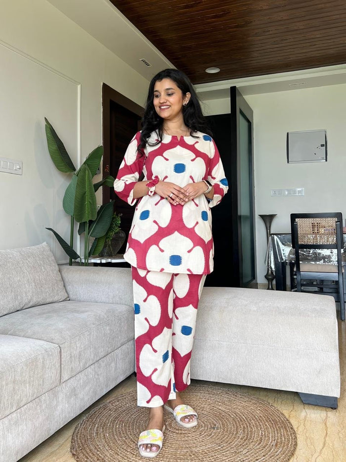 Sia Cotton Lounge Set-  Red Big Floral