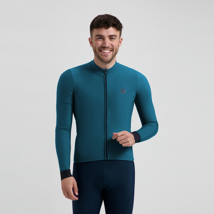 Rogelli Signature fietsshirt heren blauw lange mouw gedragen voorkant.
