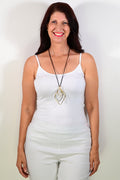 Silver and gold three-level pendant necklace with triangle charms from I Love Tunics, featuring layered chain design.