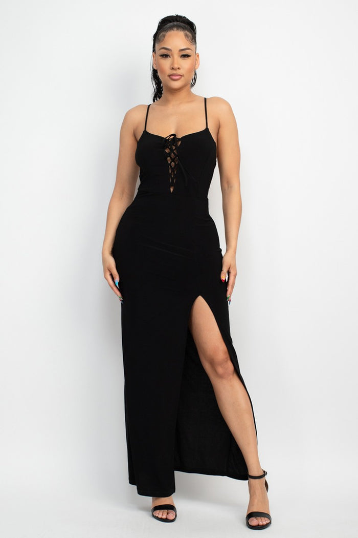 Slit Lace-up Bodycon Maxi Dress