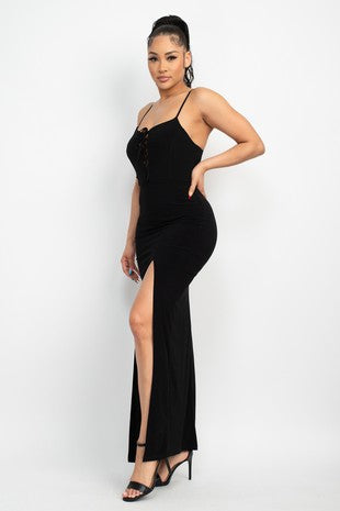 Slit Lace-up Bodycon Maxi Dress