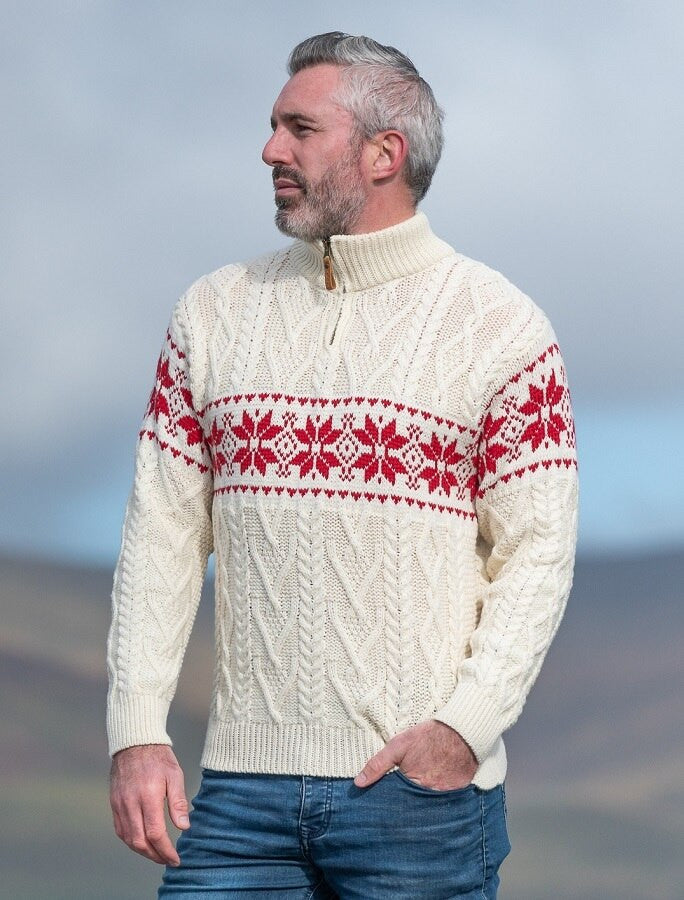 Winter Fair Isle Zip-Neck Aran Sweater - Natural Cherry #color_natural-cherry