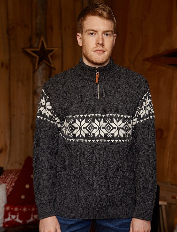 Winter Fair Isle Zip-Neck Aran Sweater - Charcoal Natural #color_charcoal-natural
