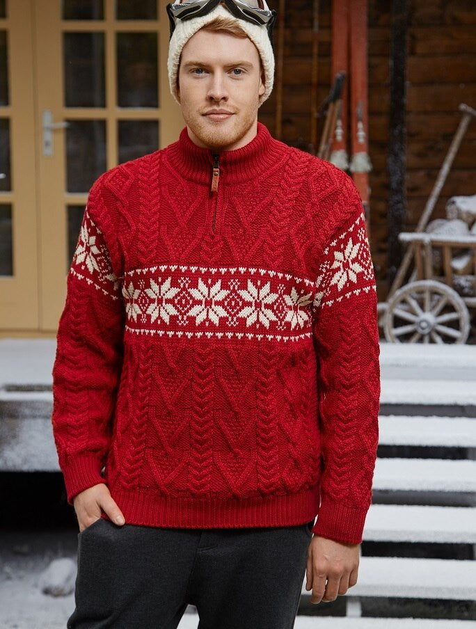 Snowflake Zip-Neck Fairisle Sweater - #color_cherry-natural