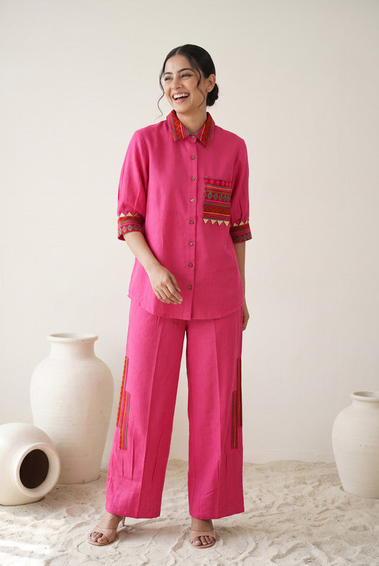 Solid Pink Cotton Embroidered Co-ord Set