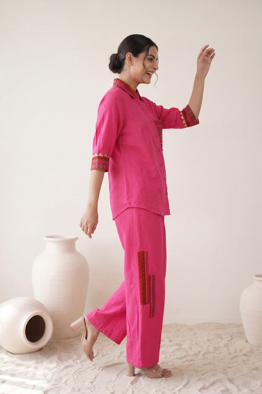 Solid Pink Cotton Embroidered Co-ord Set
