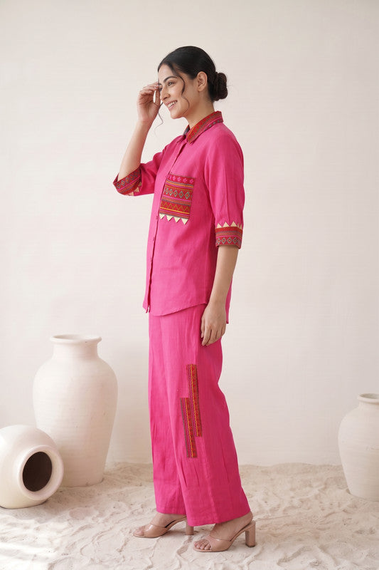 Solid Pink Cotton Embroidered Co-ord Set