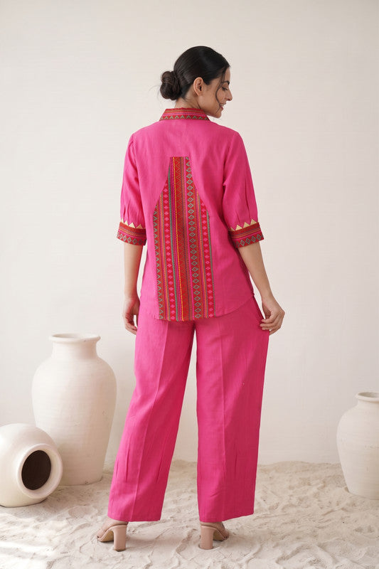 Solid Pink Cotton Embroidered Co-ord Set