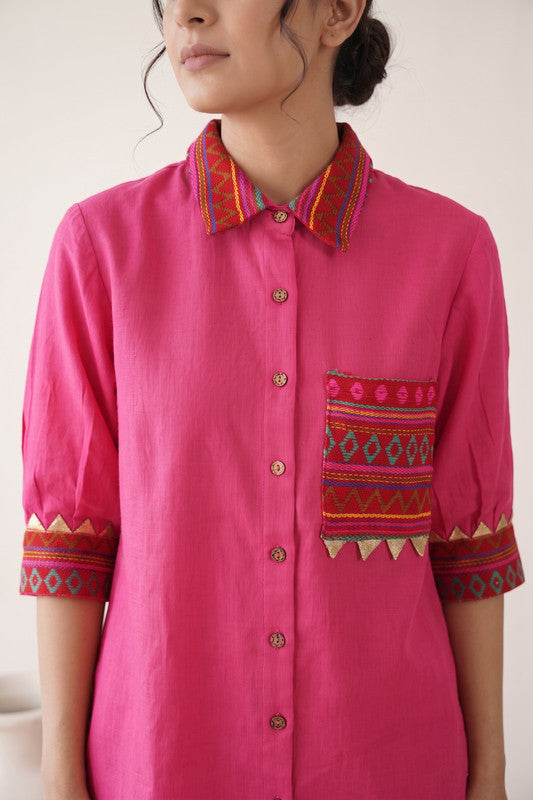 Solid Pink Cotton Embroidered Co-ord Set