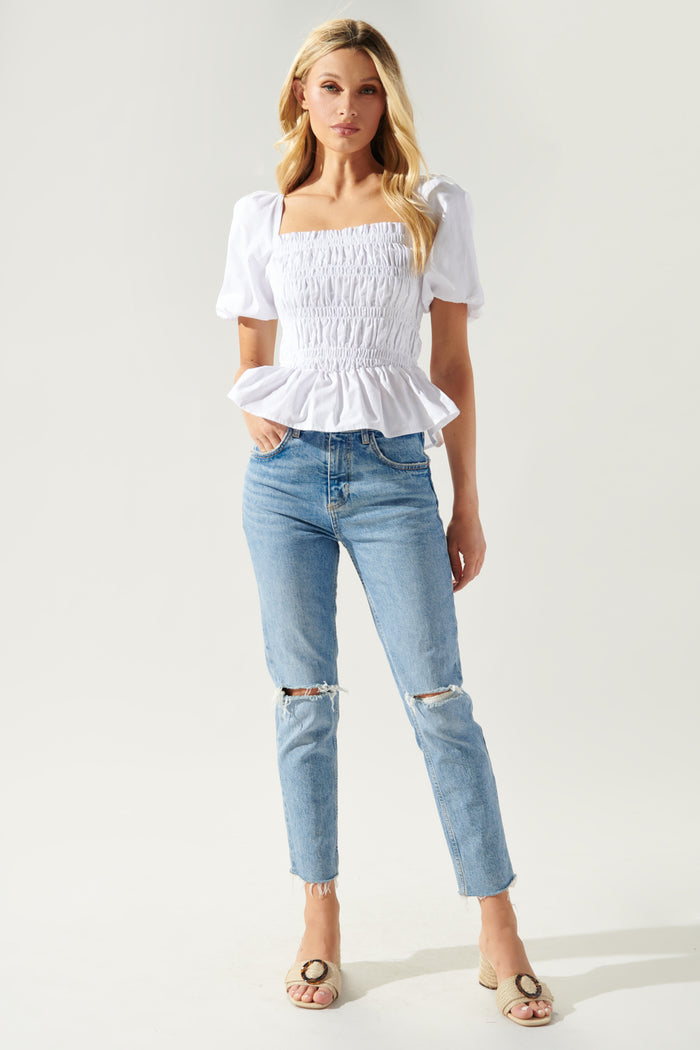 Sunny Stroll Smocked Puff Sleeve Peplum Top