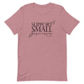 The Sassy Woof Support Small Businesses Tee is a comfy unisex mauve shirt featuring black cursive and bold "SUPPORT SMALL businesses" text, accented with stars and hearts.