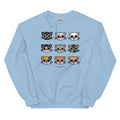 The Sassy Woof Sweatshirt - Cats is a light blue top with a 3x3 grid of colorful cat faces above "SASSY WOOF" in bold text—a comfy pick for any feline fan.