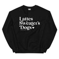 The Sassy Woof "Lattes, Sweaters, Dogs" black unisex crewneck sweatshirt features white text and a small heart below—perfect for fall activities.