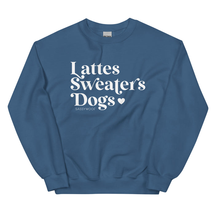 The Sassy Woof Sweatshirt - Lattes, Sweaters, Dogs is a blue unisex crewneck with white text and a heart—perfect as your go-to fall layer.