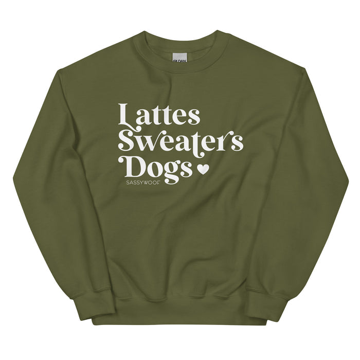 The Sassy Woof Sweatshirt - Lattes, Sweaters, Dogs is an olive green unisex crewneck featuring "Lattes Sweaters Dogs" and a small heart in bold white—perfect for your favorite fall activities.