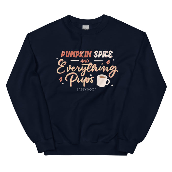 Snuggle up this season in the Sassy Woof Sweatshirt - Pumpkin Spice & Everything Pups. This cozy unisex navy blue sweatshirt showcases the playful phrase “Pumpkin Spice and Everything Pups” beside a charming coffee cup graphic, all styled with fun fonts and vibrant colors. Perfect for fall outings with your pup, it features the Sassy Woof brand name below the design as a stylish finishing touch.