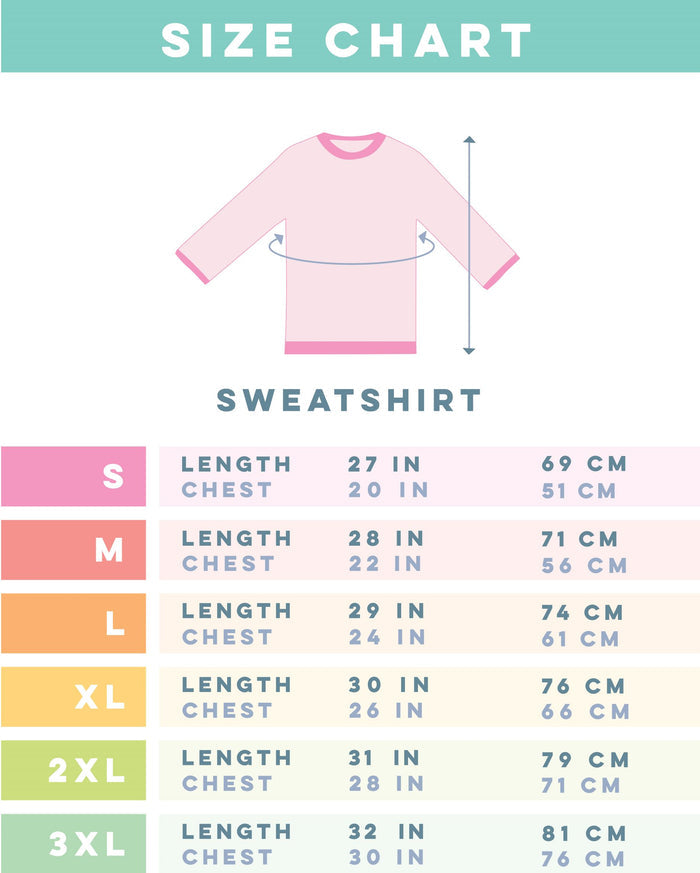 The pastel size chart for the Sassy Woof "This is My Dog Cuddling Sweater" shows chest and length in inches and cm for unisex sizes S-3XL, plus a measuring diagram—ideal for picking your comfy crewneck or dog cuddling sweater.