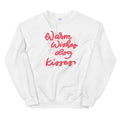 The Sassy Woof Sweatshirt - Warm Wishes & Dog Kisses is a super soft, unisex white top with “Warm Wishes & Dog Kisses” in red and pink script printed across the front.