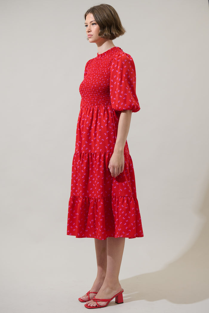 Tayla Bow Frazier Smocked Tiered Midi Dress