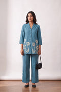 Teal Blue Floral Cotton Flex Embroidered Co-Ord Set