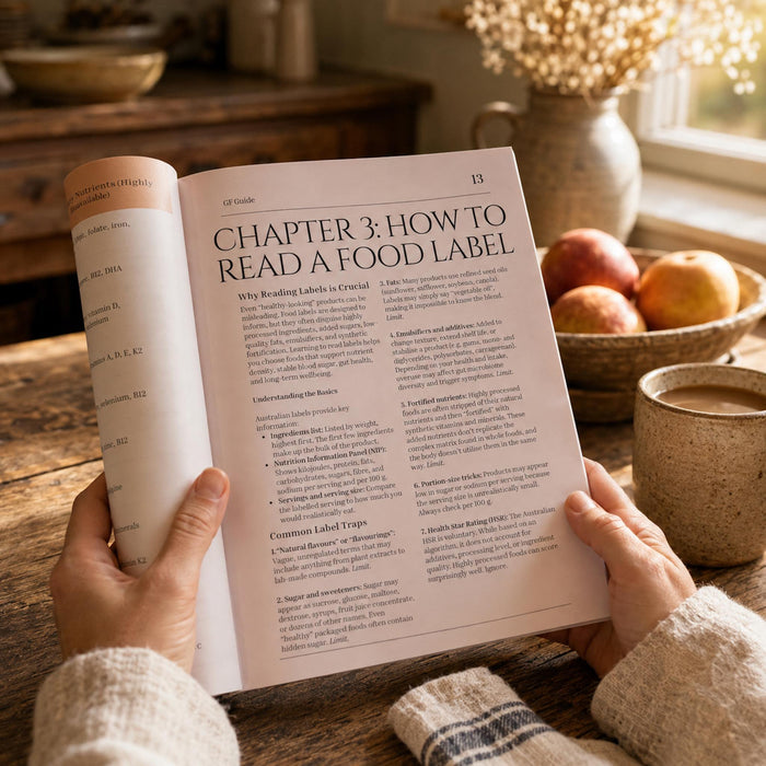 A person holds an open book titled "Chapter 3: How to Read a Food Label" on a rustic wooden table, with a cozy background featuring a bowl of apples, a ceramic mug, and dried flowers.
