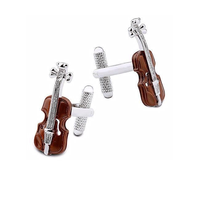 T.M.J novelty violin cufflinks for men with detailed brown and silver violin design
