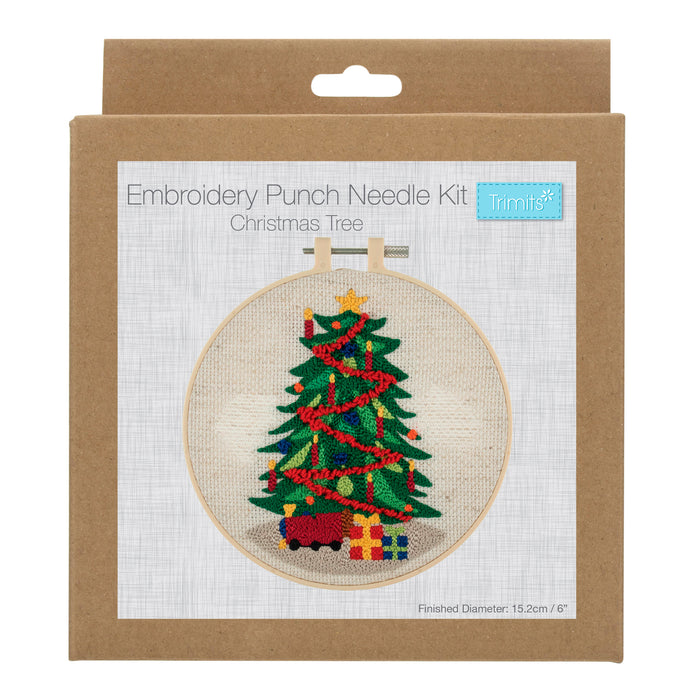 Trimits Punch Needle Kit Floss and Hoop: Christmas Tree 15.2cm Diameter, Includes Floss, Hoop, Fabric, Punch Needle, and Instructions