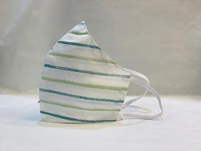 Unisex Designer White With Green & Blue Striped Cotton Cloth Face Masks