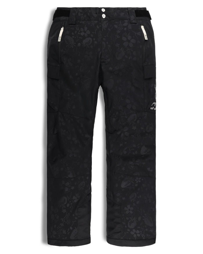 Black snow pants with a subtle pattern on a white background
