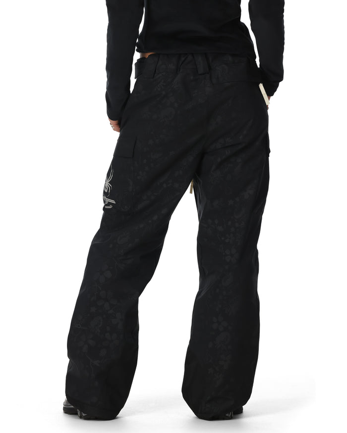 Black snow pants with a pattern on a white background