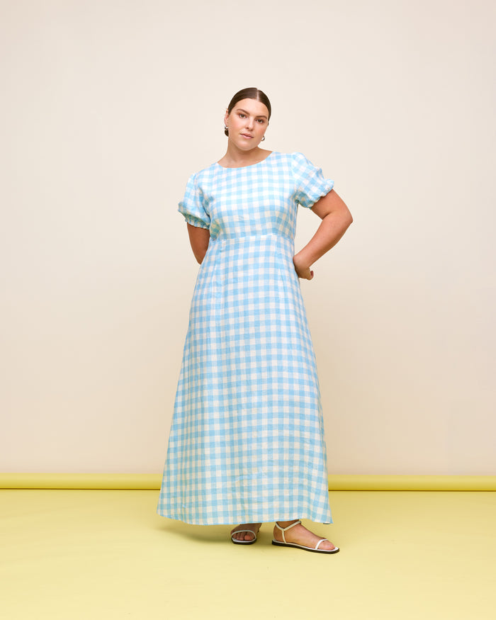 VIDA LINEN DRESS BLUE LINEN GINGHAM