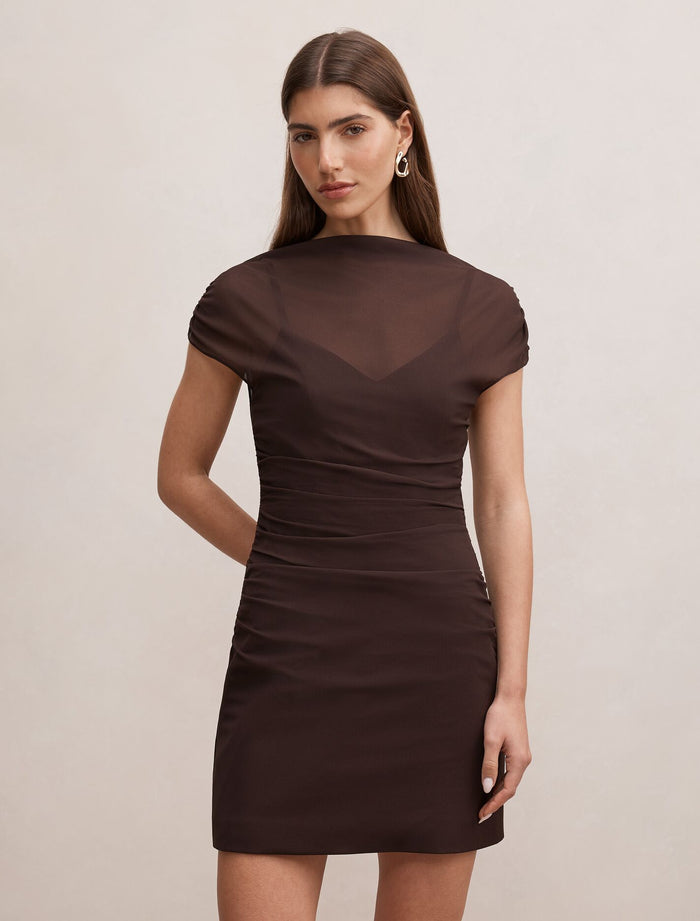 Vivianna Mesh Overlay Mini Dress Chocolate Forever New