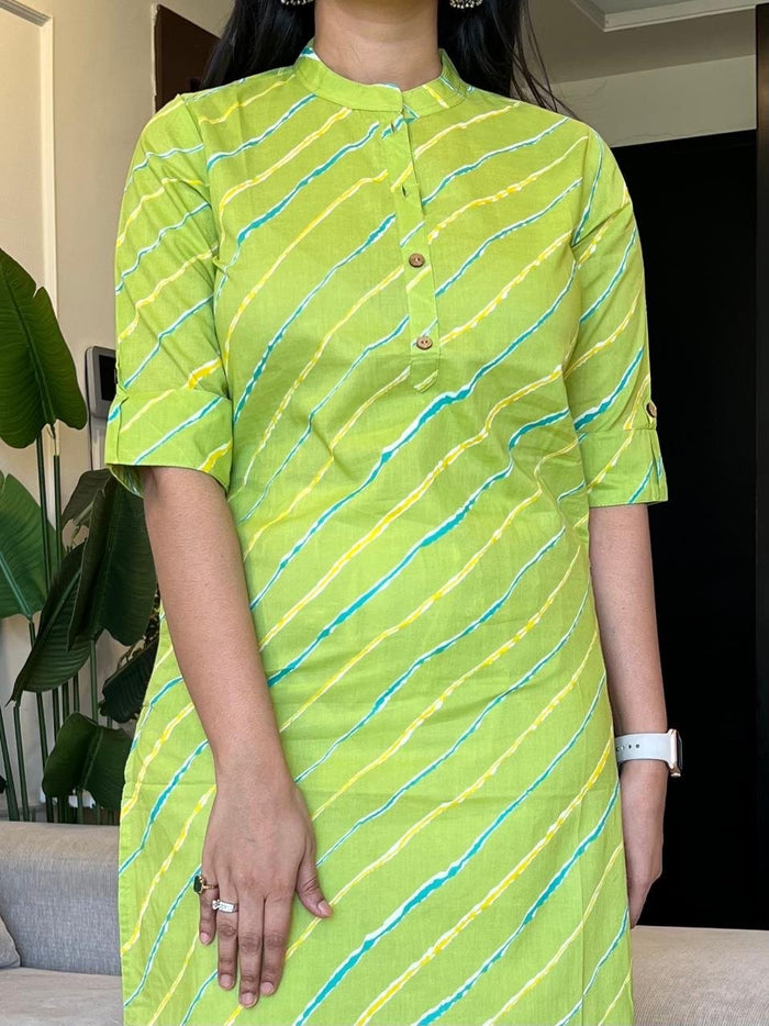 Weekend Cotton Leheriya Kurta- Green
