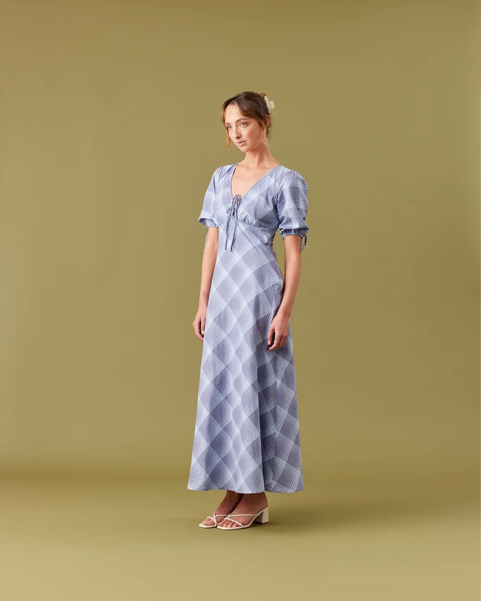 WENDY PUFF SLEEVE DRESS BLUE TARTAN