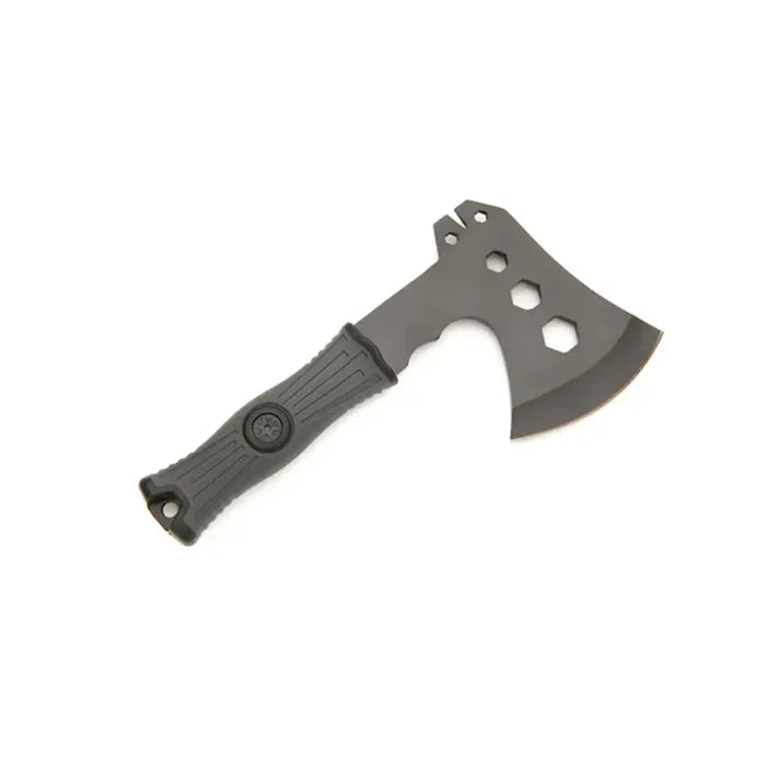 Whitby outdoor survival camping axe reverse side showing the rubberised textured handle and hex holes